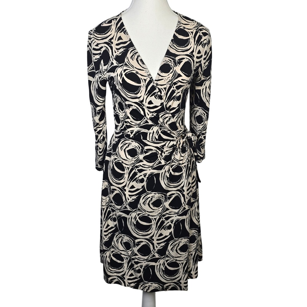 Banana Republic Wrap Dress‎ Size S Black Beige Abstract Print Long Sleeve